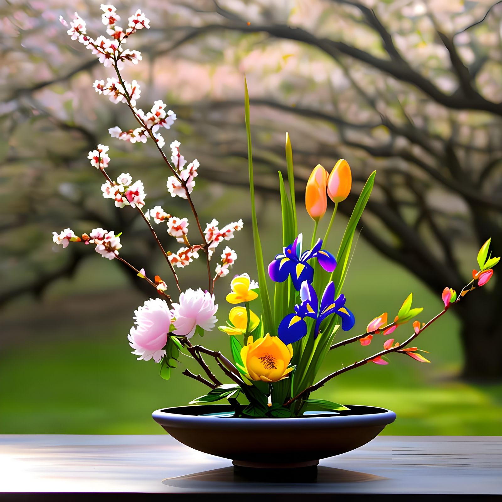 Spring Ikebana Arrangement with Cherry Blossoms and Tulips