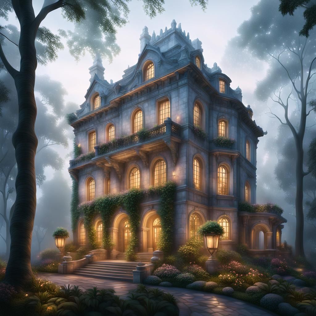 Ethereal Modern Building in Misty Garden, Fantasy Architectu...