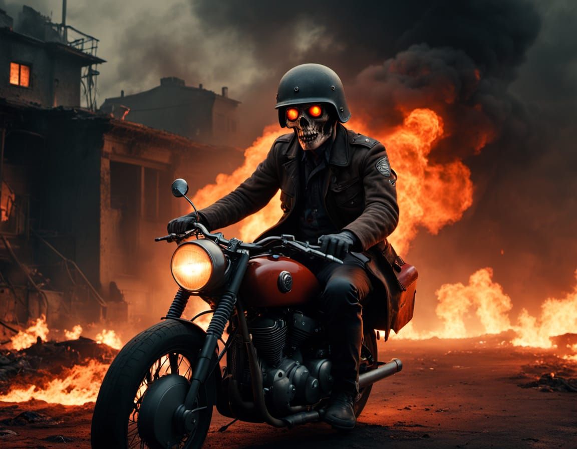 Zombie on Motorcycle in Burning Hellscape