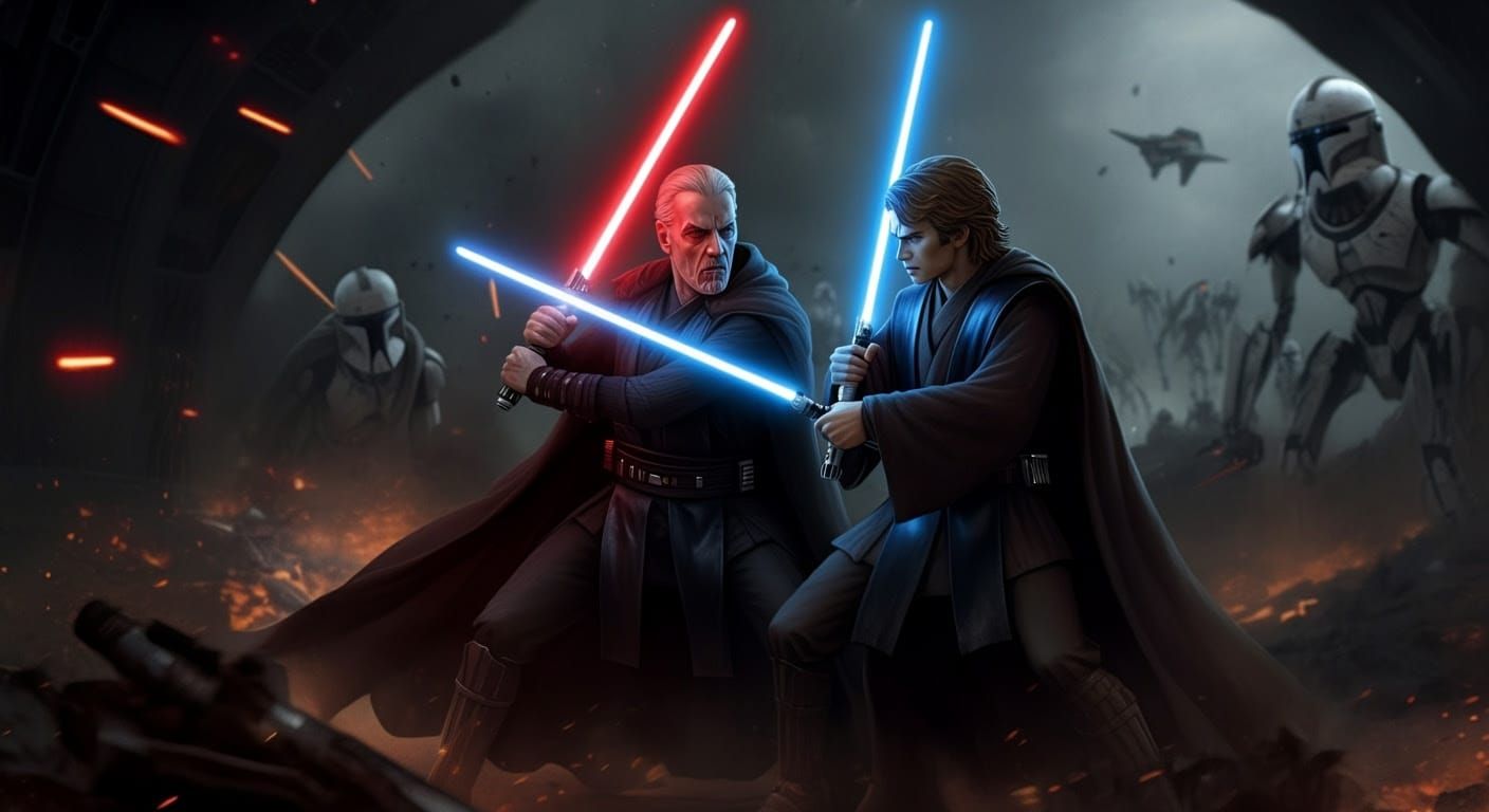 Cinematic Duel in War-Torn Landscape