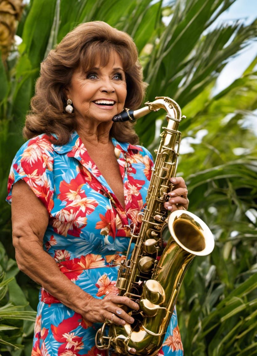 Woman in Hawaiian Shirt Playing Saxophone