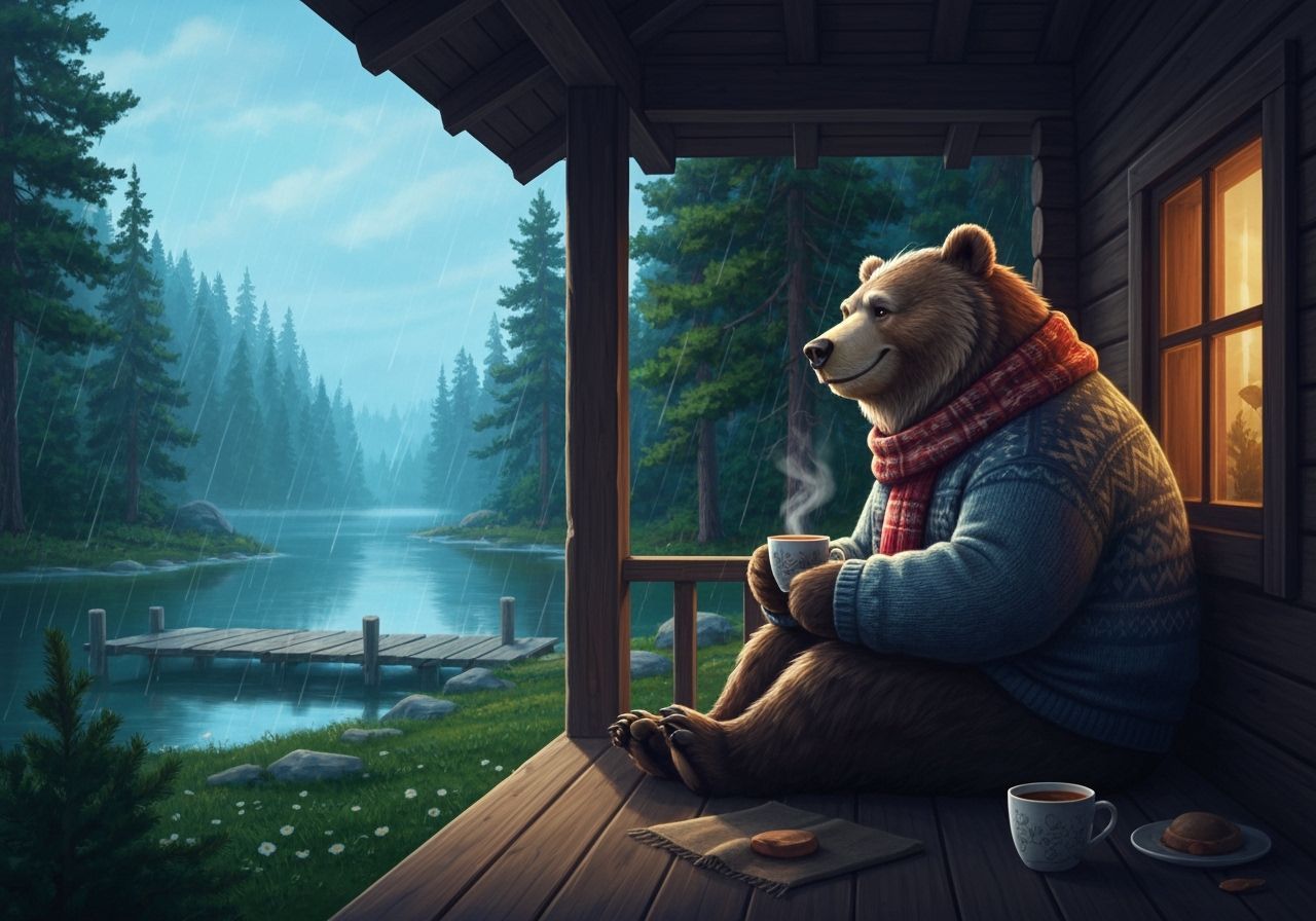 Bear on Cabin Porch Watching Summer Rain