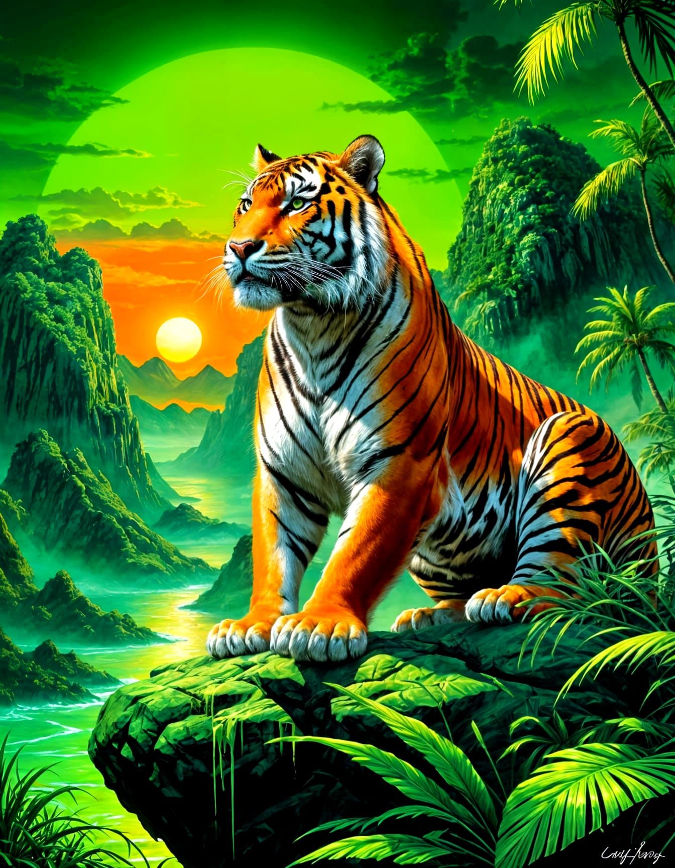 Neon Bengal Tiger in Tropical Leafscape Oil Painting