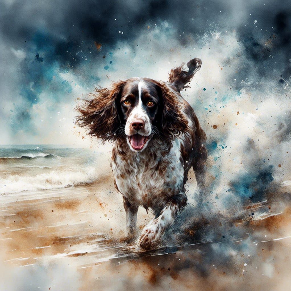 Watercolor Springer Spaniel Playing on Beach