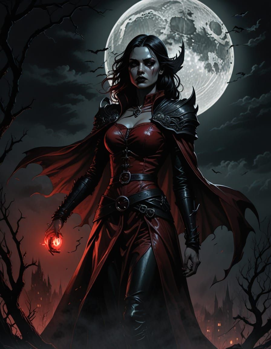 Mysterious Lady in Red Leather Illuminated by Moonlight in G...