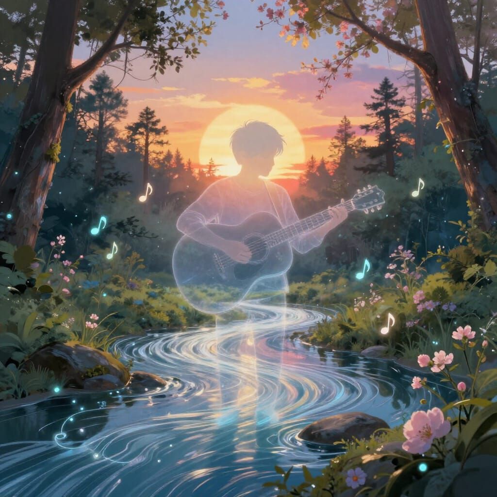 Transparent Boy Playing Guitar in Dreamlike Landscape