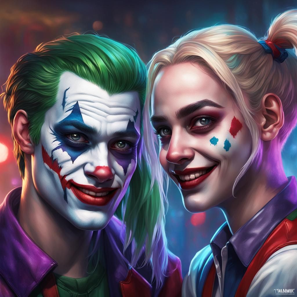 Teen Joker and Harley Quinn Portrait in Art Nouveau Style