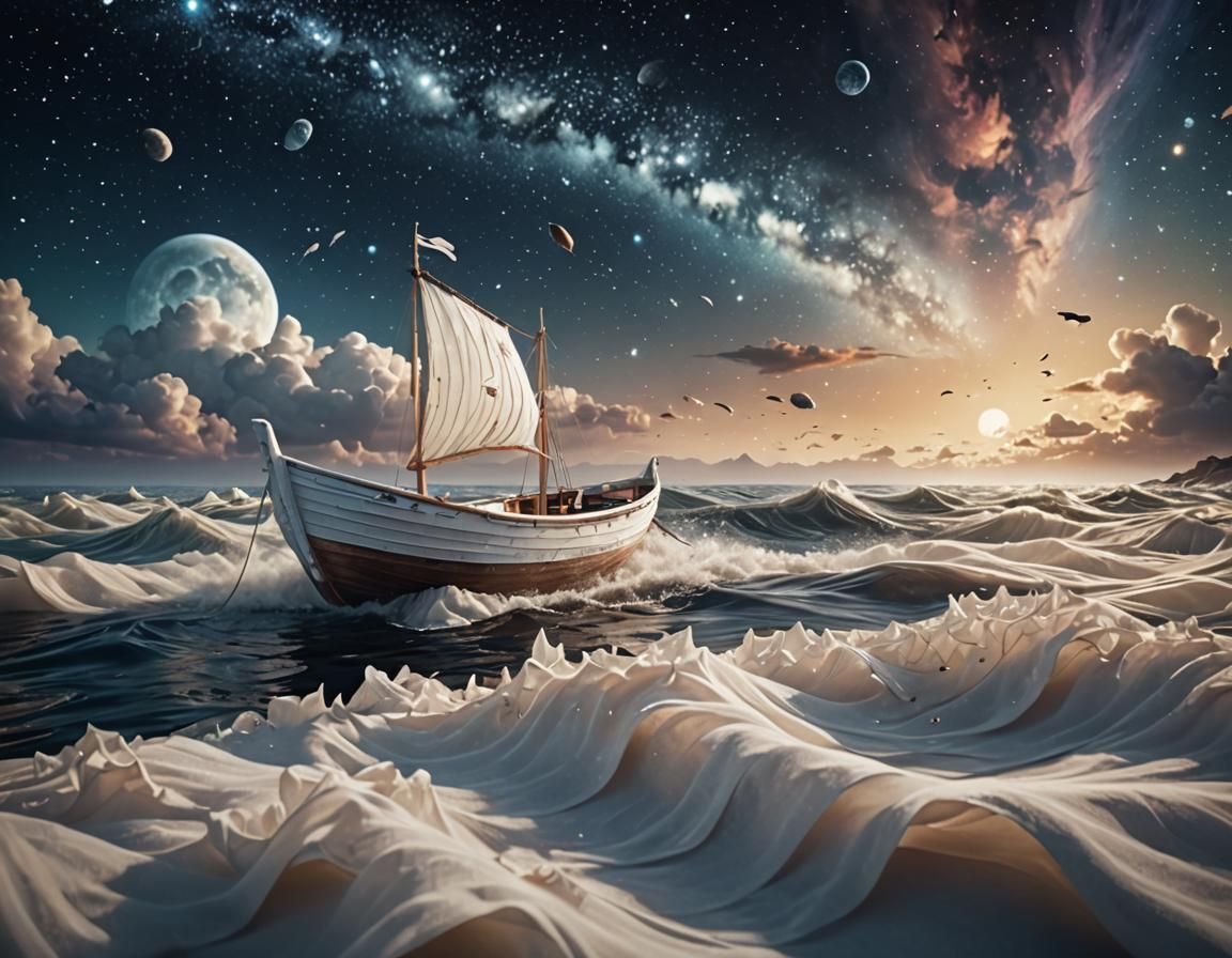 Wooden Boat on Tulle Fabric with Galactic Sky