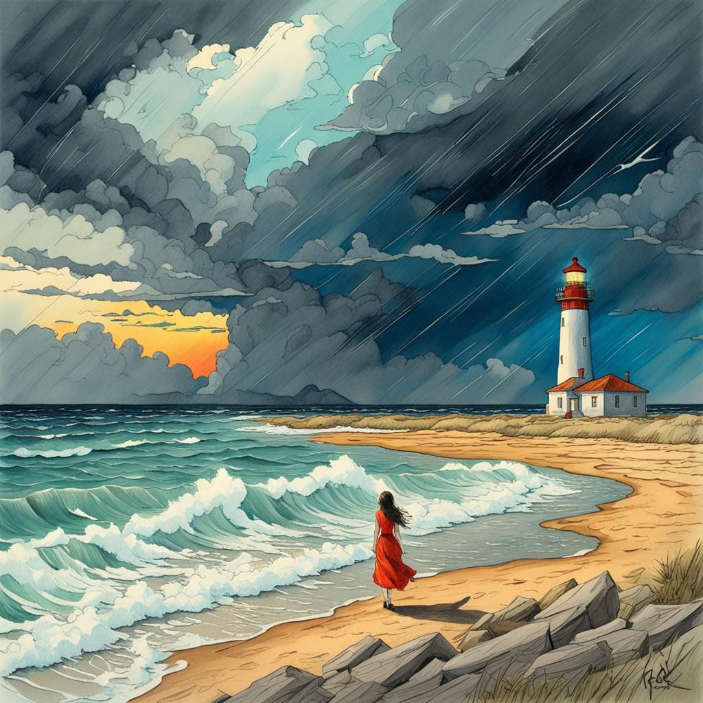 Stormy Seascape Pencil Sketch with Lighthouse