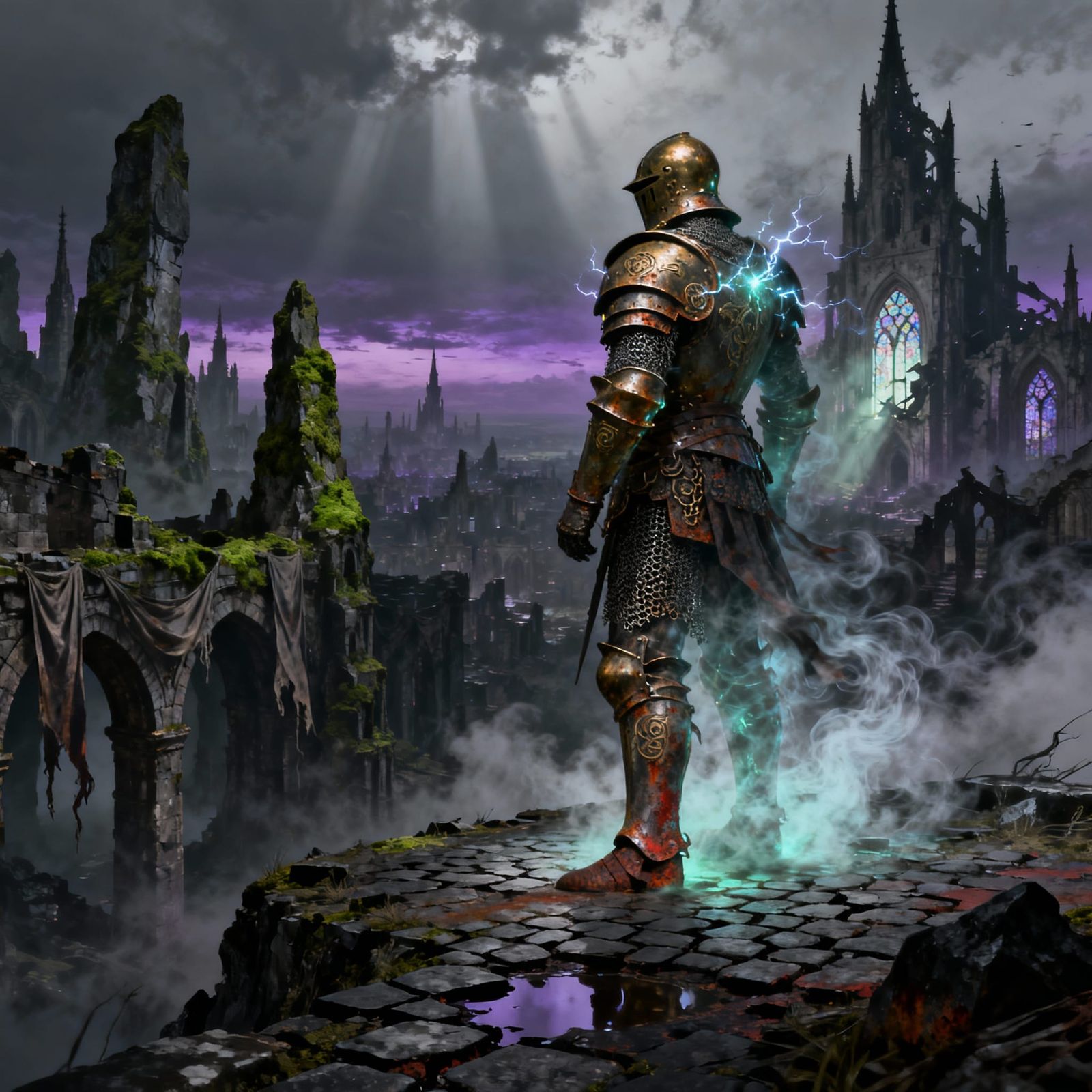 Spectral Knight Overlooking Ruined City in Twilight