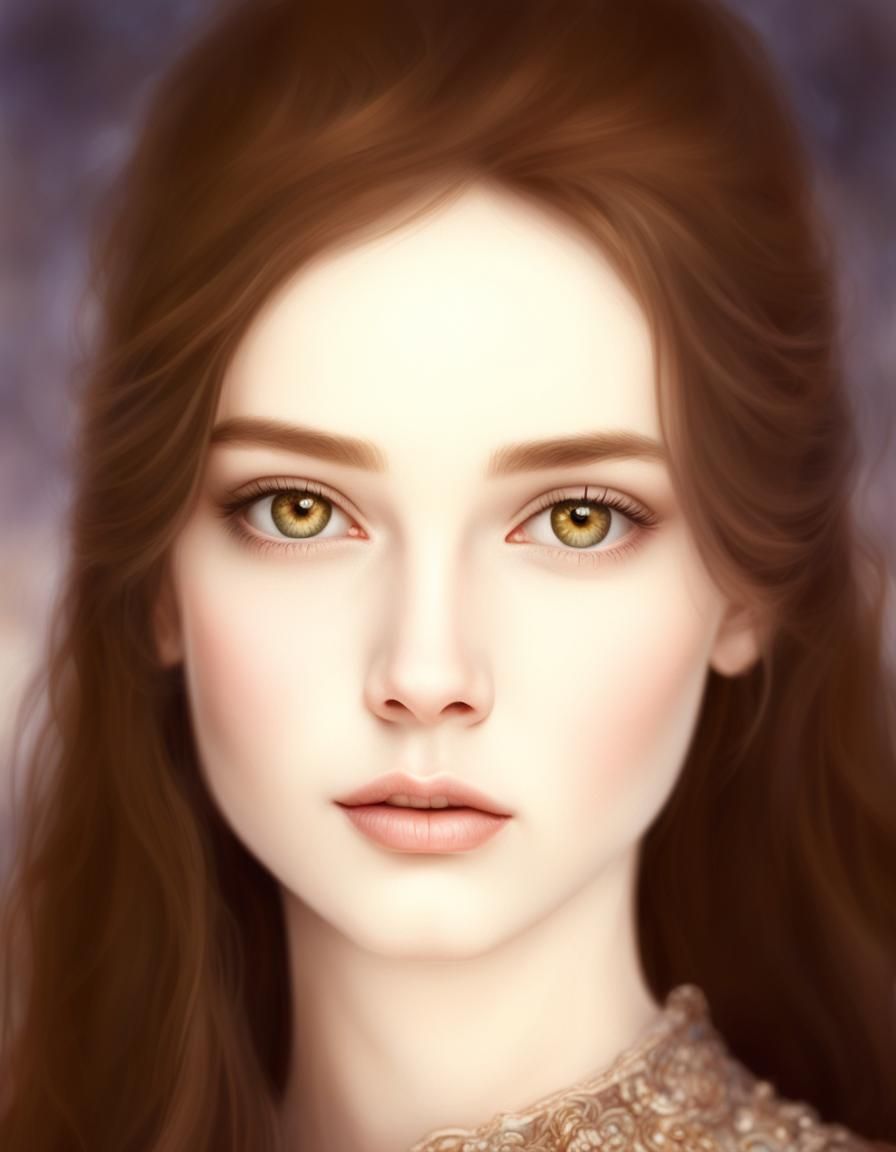 Beautiful portrait of a Young lady with long brown hair and Brown eyes and pale skin& hyperdetailed intricately detailed...