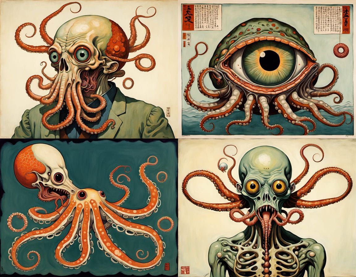 Surreal Ukiyo-e Hybrid Sea Creature in Egon Schiele Style