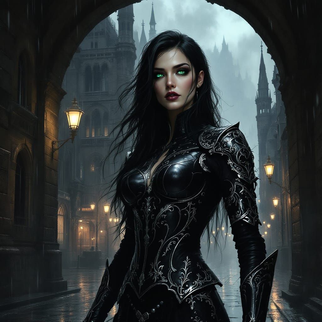Dark Fantasy Painting: Woman in Leather Armor Amidst Gothic ...