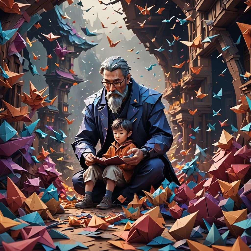 Origami Father and Child Self-Creation: Detailed Matte Paint...