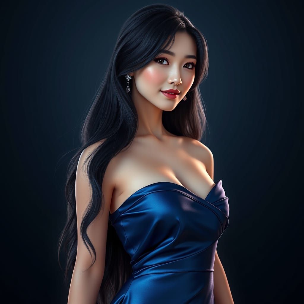 Elegant Japanese Beauty in Midnight Blue Silk Gown