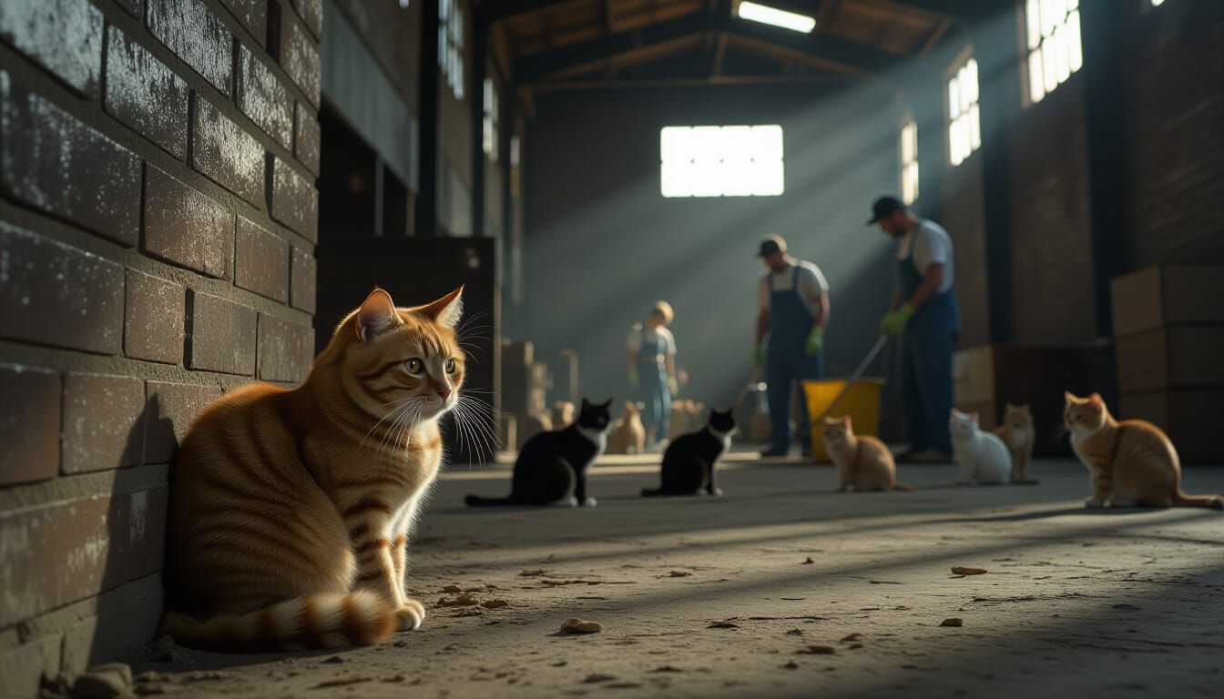 Frightened Cat in Dimly Lit Warehouse Shelter