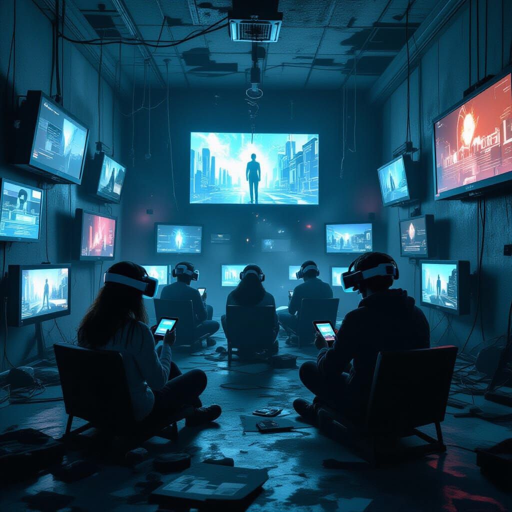 Dystopian Room Trapped by Screens, Noir & Futuristic Style