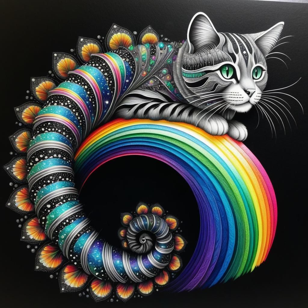 Black ink stipple texture Fractals Caterpillar cat ink drawing pencil sketch art nouveau sketch ink drawing Black and w...