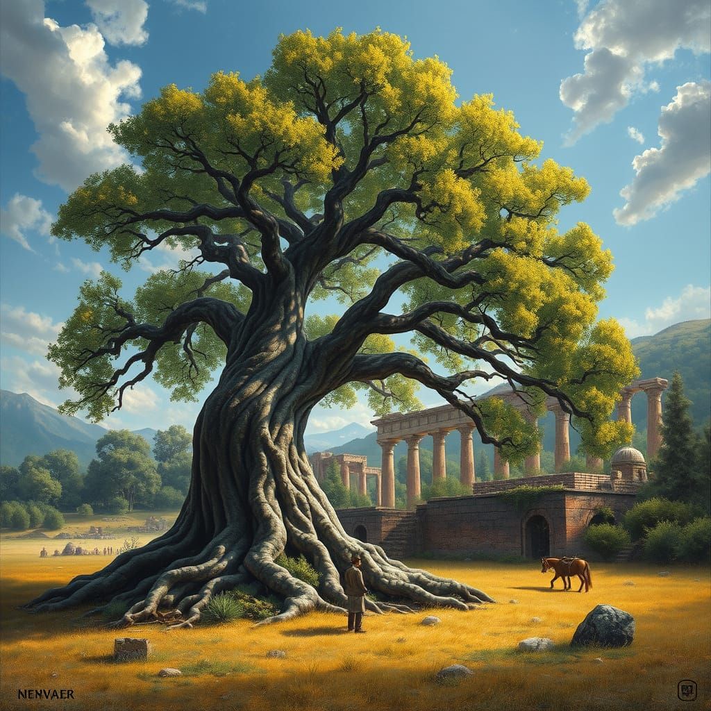 Timeless Tree Amidst Ancient Ruins: Bierstadt and Cole Style