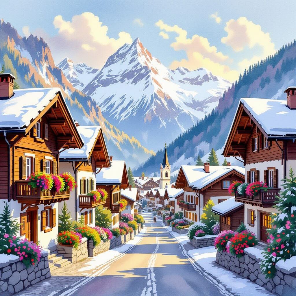 Charming Swiss Village at Dawn in Watercolor Style