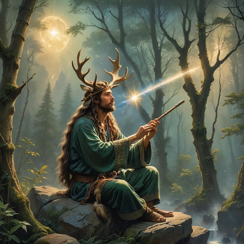 Man with Antler Flute Gazing at Starry Sky