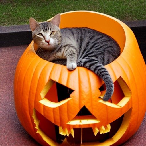 Sleeping Cat in Jack-o'-Lantern
