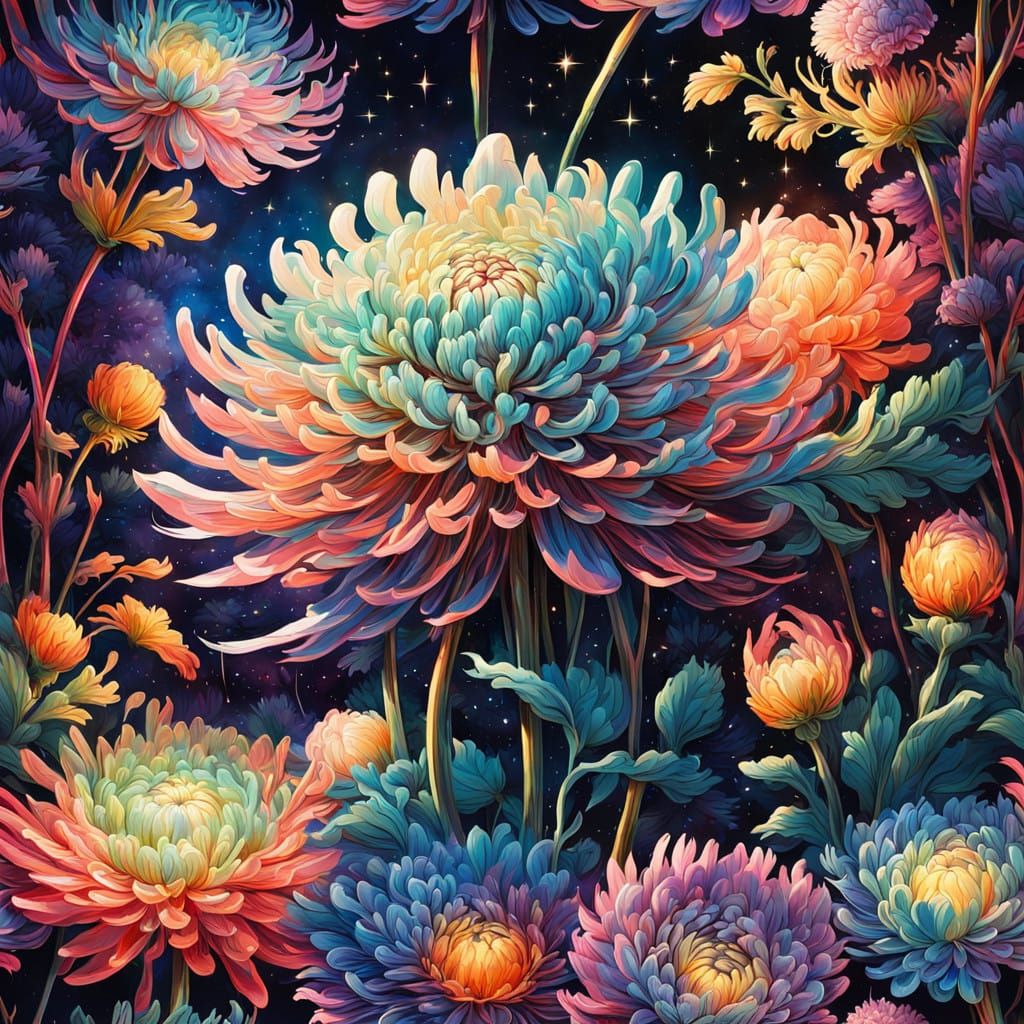 Dreamlike Chrysanthemum Fairytale in Vibrant, Neon Hues