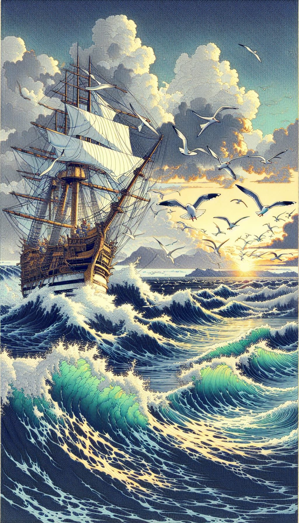 Sailing Ship on Stormy Sea: Japanese Art Style