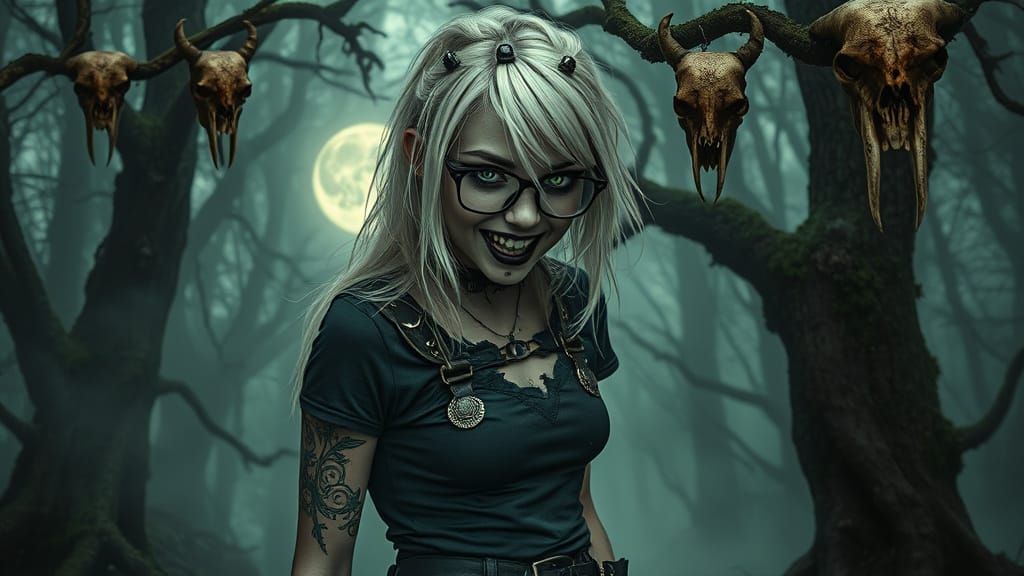 Goth Girl in Moonlit Forest with Green Eyes