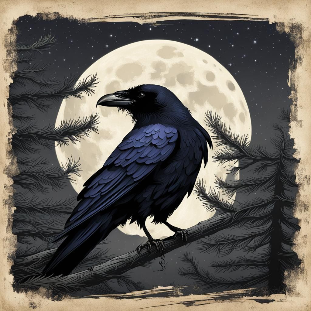 Sinister Raven on Spruce Under Moonlit Sky