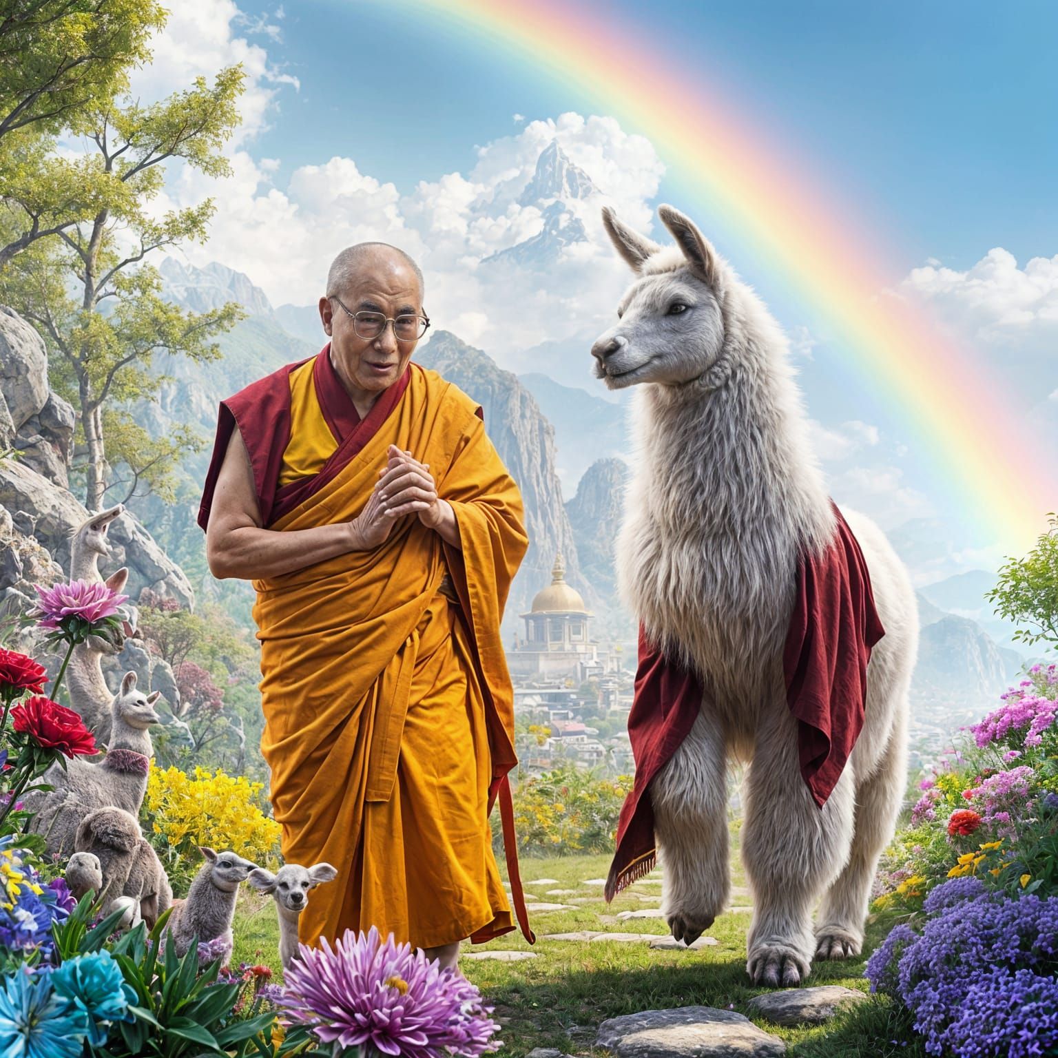 Mystical Dalai Lama Strolls through a Rainbow Crystalline Ga...