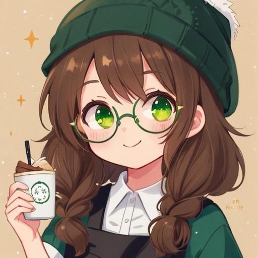 Anime Girl with Glasses and Beanie in Cafe