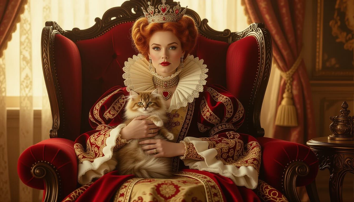 Queen of Hearts with Kitten in Sepia-Toned Glow