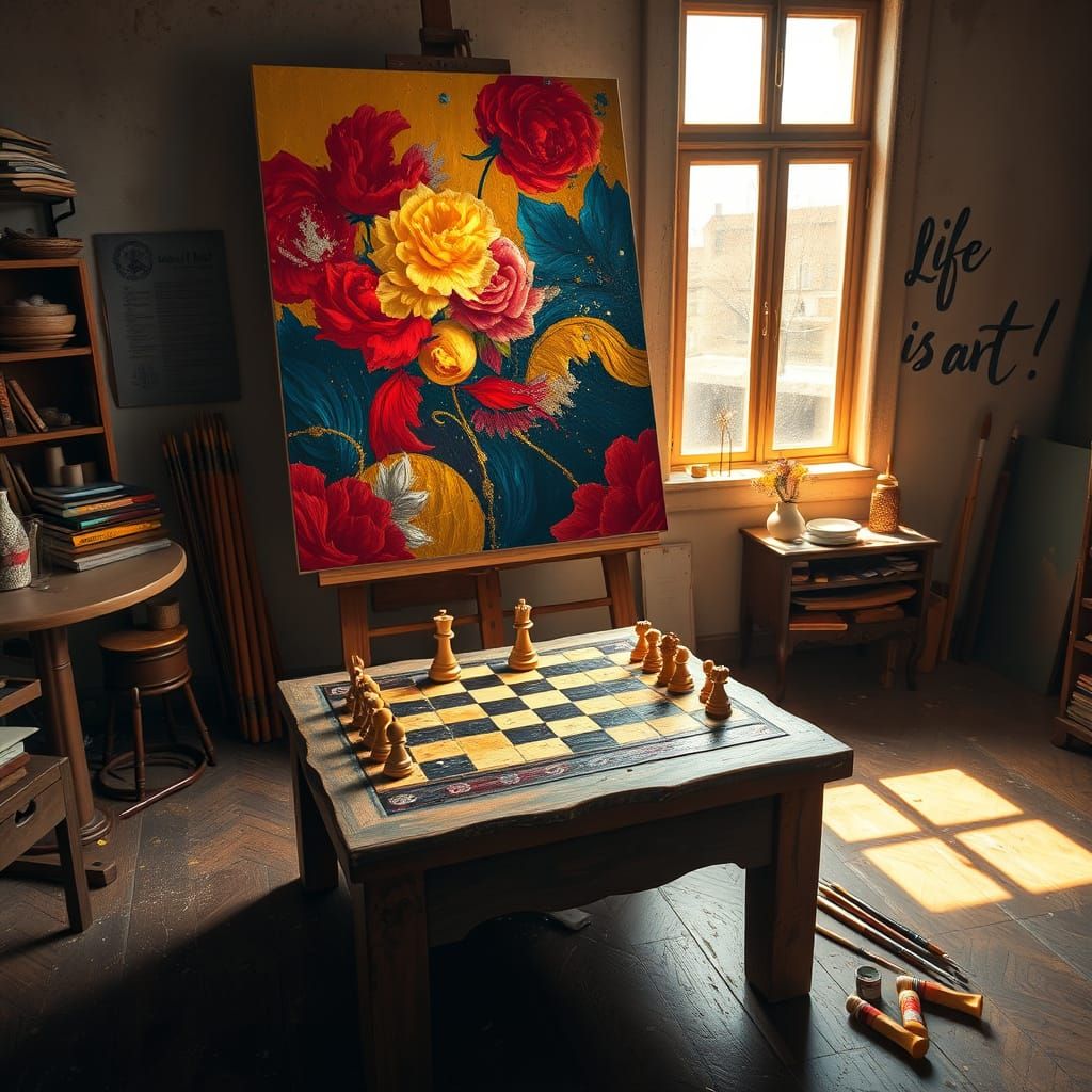 Vibrant Artist Atelier with Crimson, Gold, and Sapphire Pain...