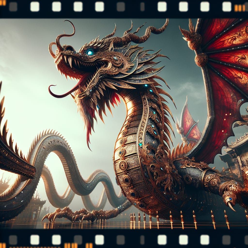 Glamorous Dragon with Golden Armor and Red Wings