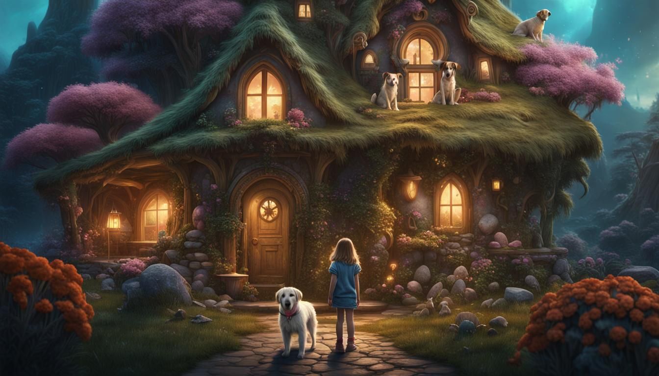 Girl and Dog at Fairy House in Fantasy Art