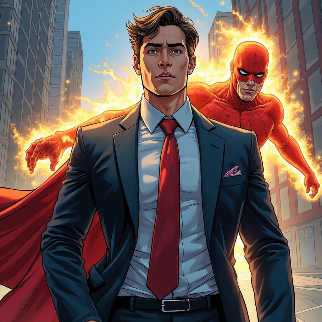 Man's Superhero Transformation in Comic Book Style