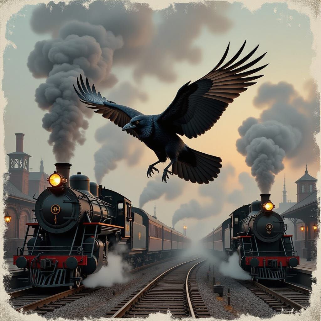 Steampunk Raven Over Industrial Railway Yard