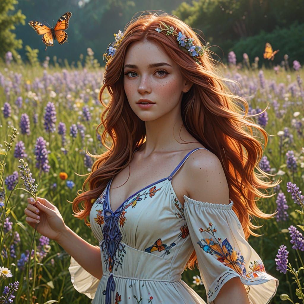 Romantic Portrait of a Woman in a Field of Wildflowers