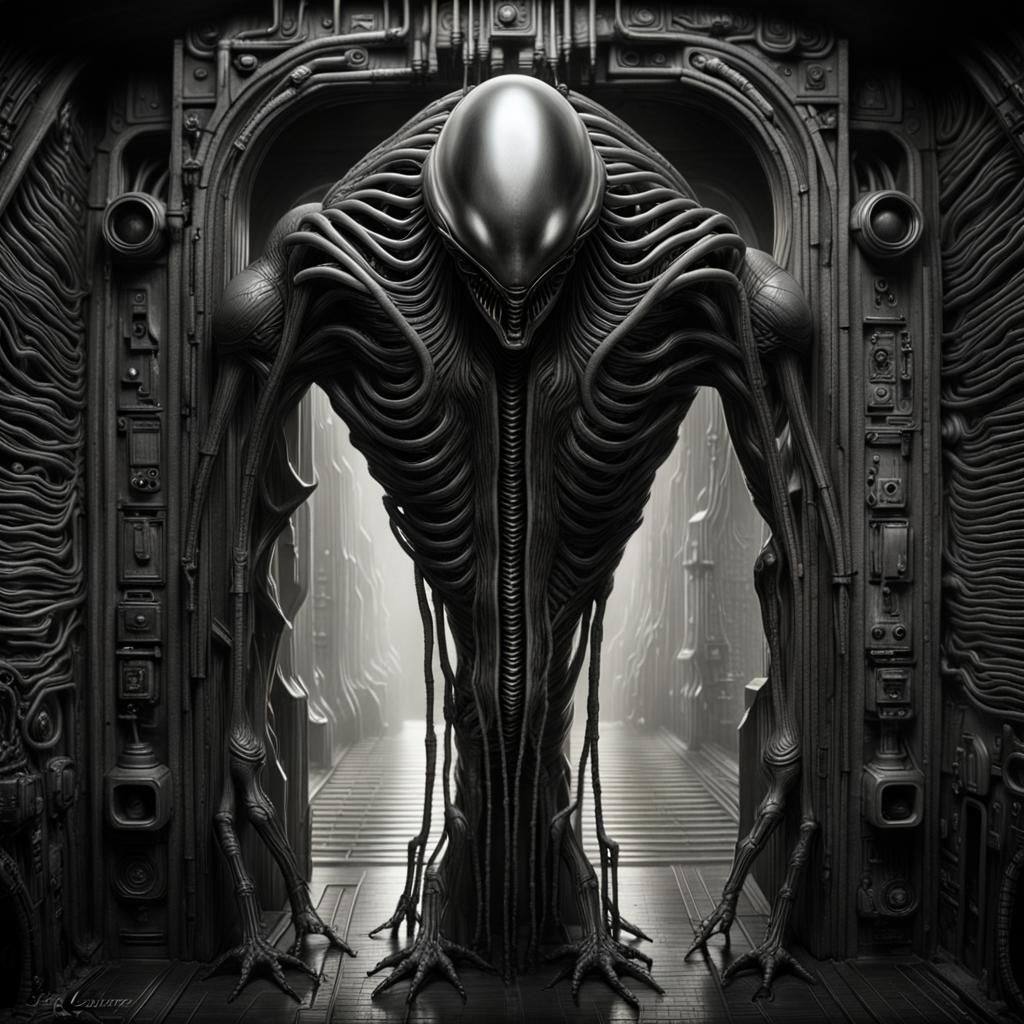 Giger-Inspired Alien Sci-Fi Scene with Intricate Details