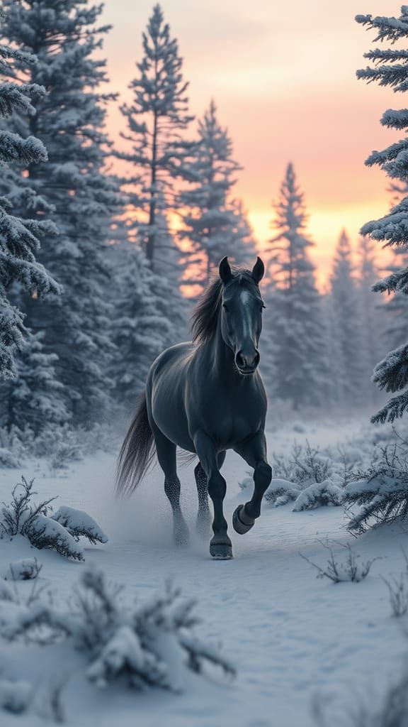 Ethereal Dawn Horse Rides Through Icy Forest in Digital Pain...