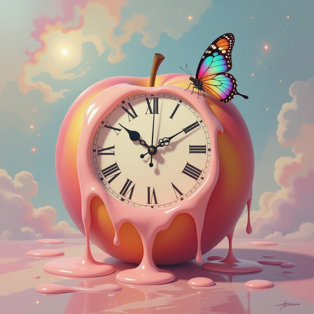 Melting Clock on Giant Peach with Butterfly in Nebula