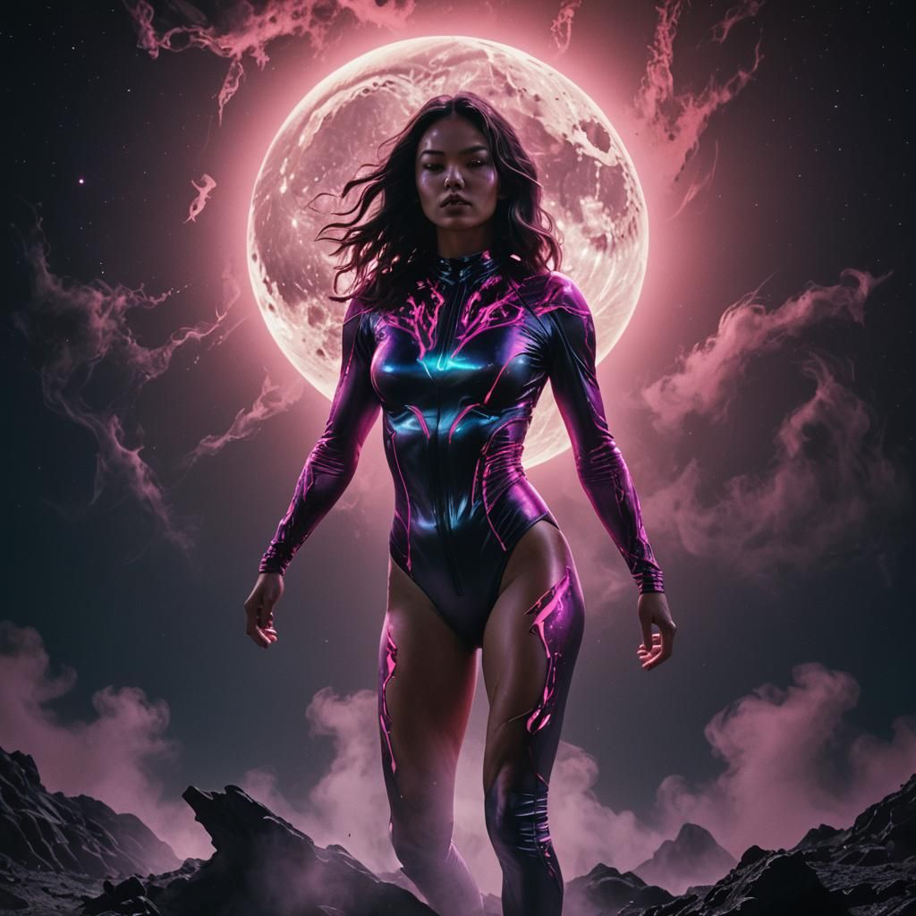 Neon Bodysuit Woman Bursts From Full Moon