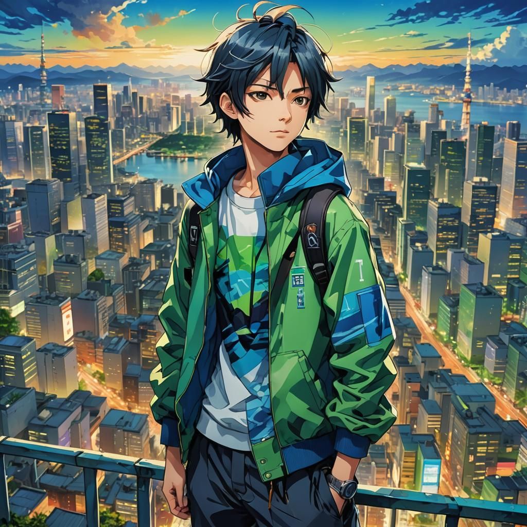 Anime Teenager in Cityscape, Vibrant Digital Painting