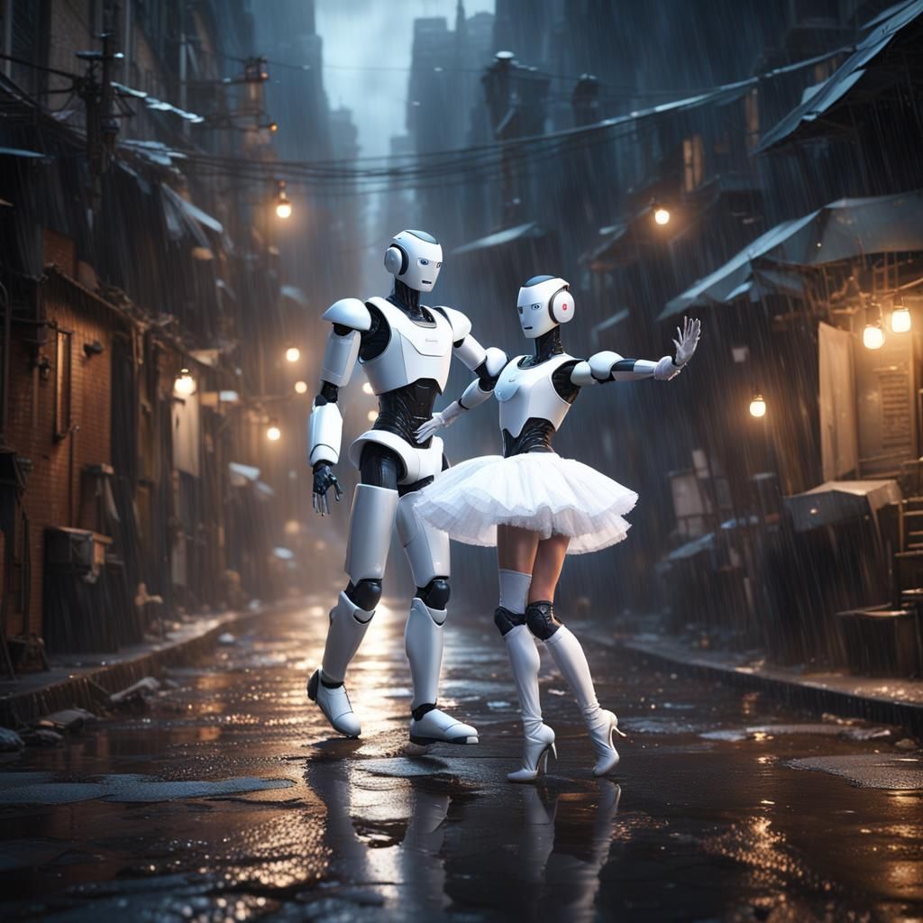 Robotic Ballet Dancers in Rainy Alley: Digital Art