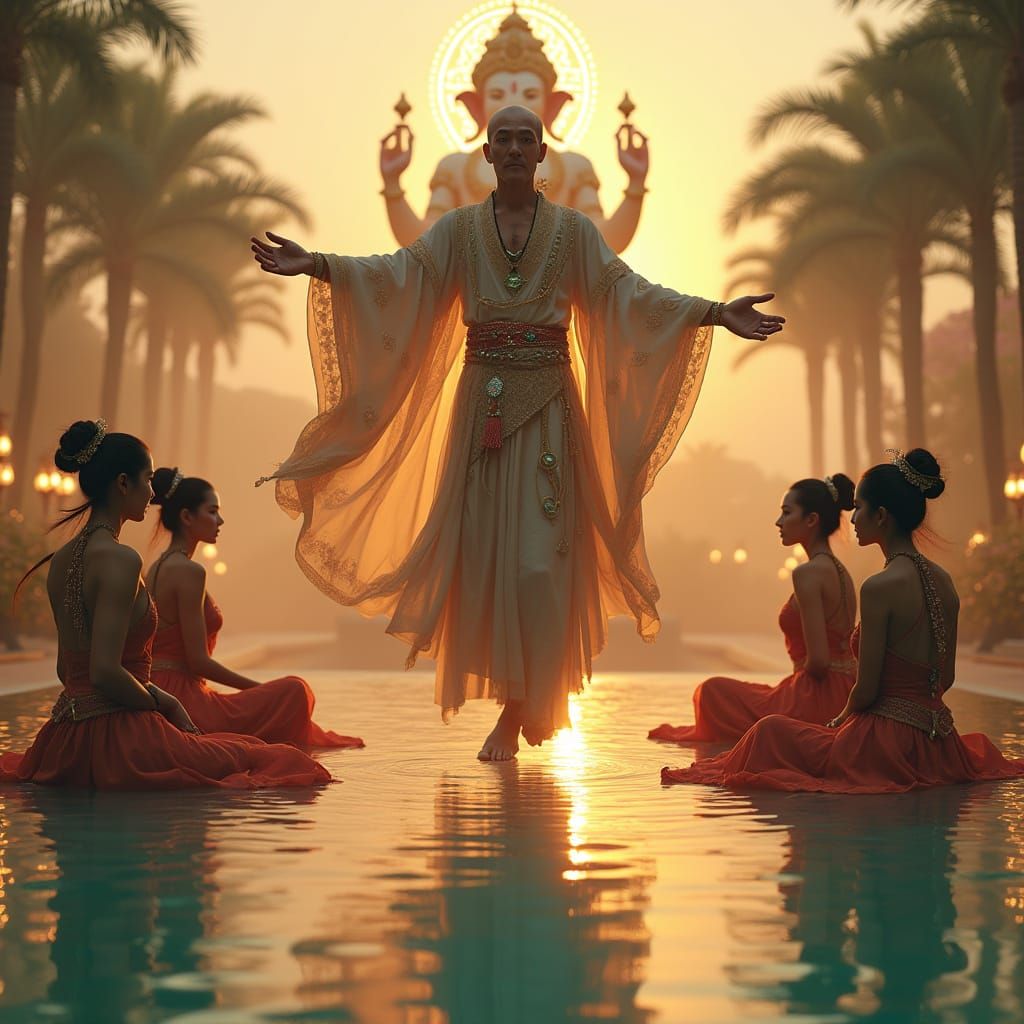 Ethereal Gentleman Levitates Before Ancient Ganesha Statue a...