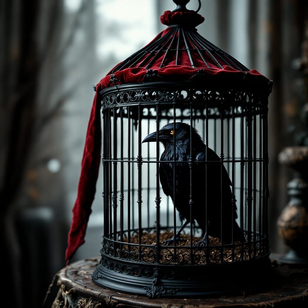 Gothic Raven in Ornate Birdcage