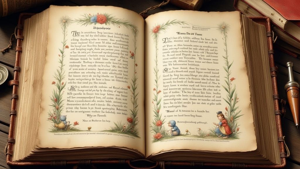 Vintage Book Page with Whimsical Watercolour Illustrations