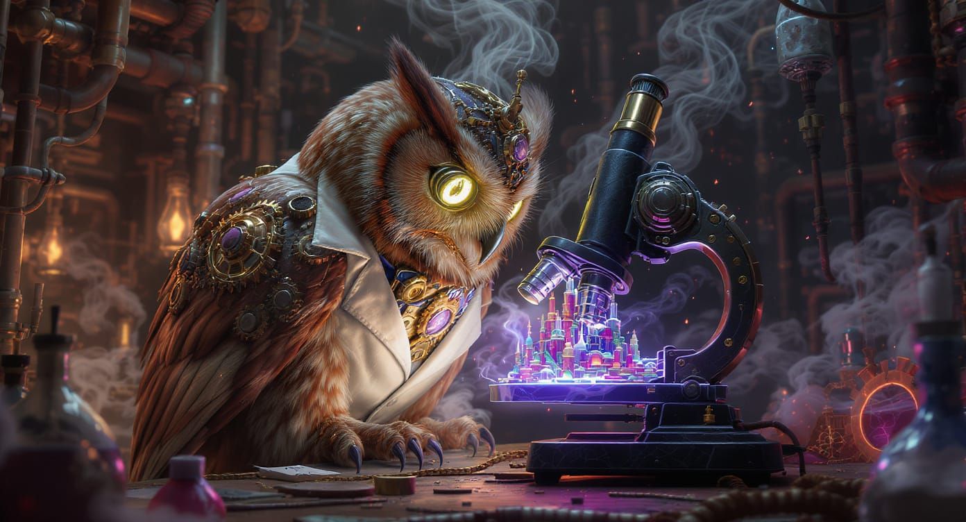 Steampunk Owl Examining Fractal City, Digital Art