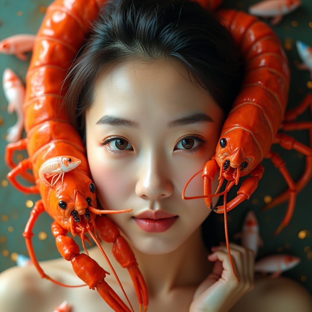 Surreal Seafood Portrait of Chinese Woman